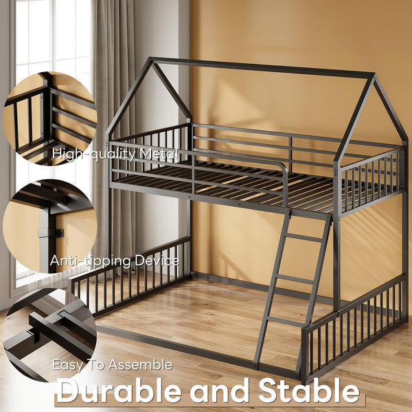Twin Over Full House Bunk Bed with Ladder & Guardrail