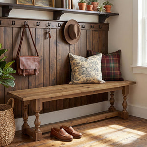 Rustic Solid Wood Entryway Bench – 59.1" Farmhouse Seat with Turned Legs