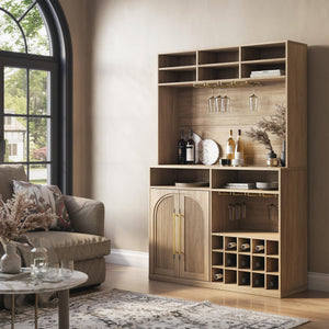 BELLEZE Jagger Bar Cabinet with Wine Rack & 8 Stemware Glass Holders, 72" Tall Liquor Coffee Bar Storage Cabinet with Adjustable Shelves, Fluted Doors & Golden Metal Handles, Camel