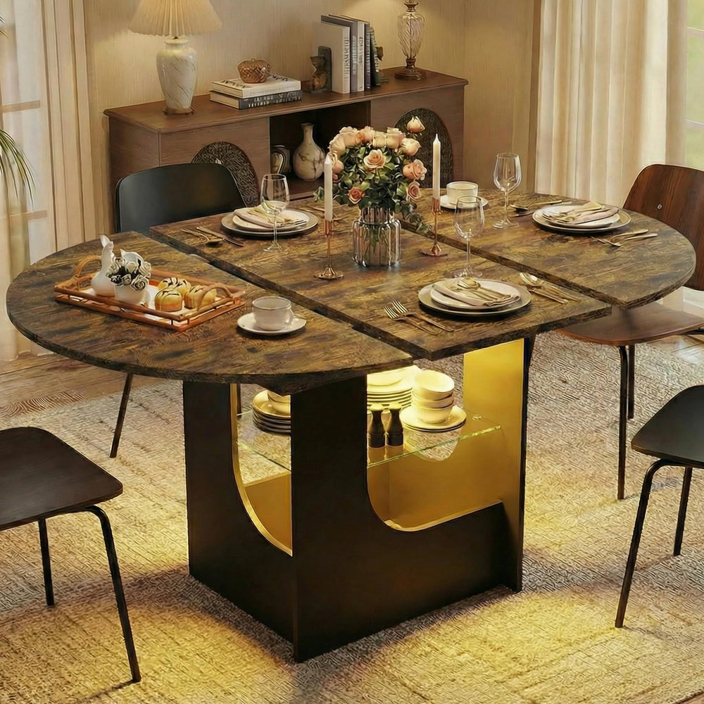 Extendable Round to Oval Dining Table with LED Light & Storage