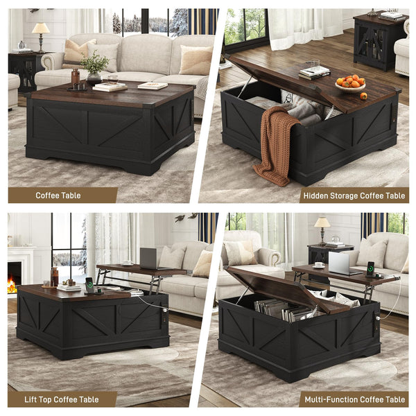 40" Square Lift Top Coffee Table with Power Outlets & Hidden Storage