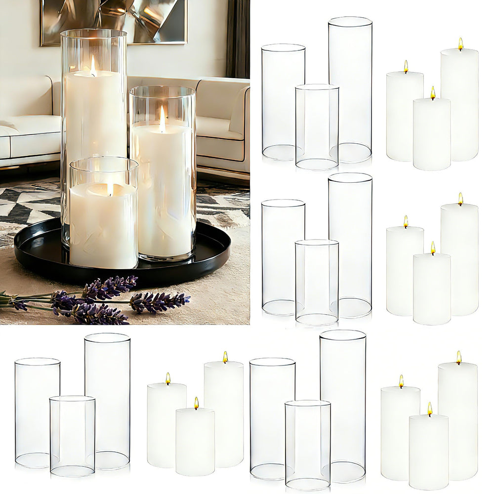 White Pillar Candles & Glass Cylinder Vases Set (24 Pcs)