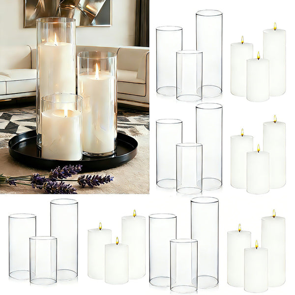 White Pillar Candles & Glass Cylinder Vases Set (24 Pcs)