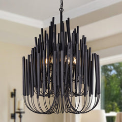 6-Light Boho Wood Chandelier – Black Iron & Wood Pendant