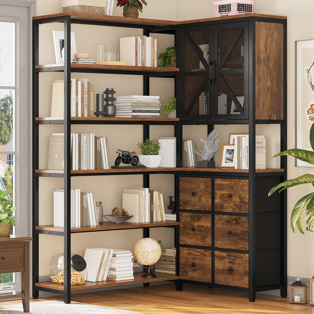 L-Shaped Corner Bookshelf with Fabric Drawers, 6-Tier