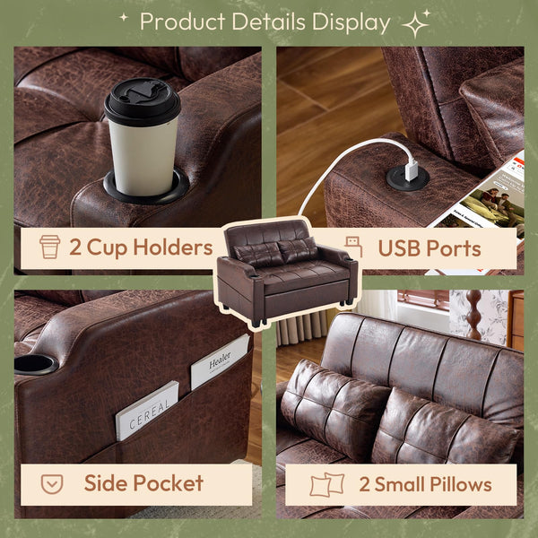 Convertible Sofa Bed with USB Ports & Cup Holders