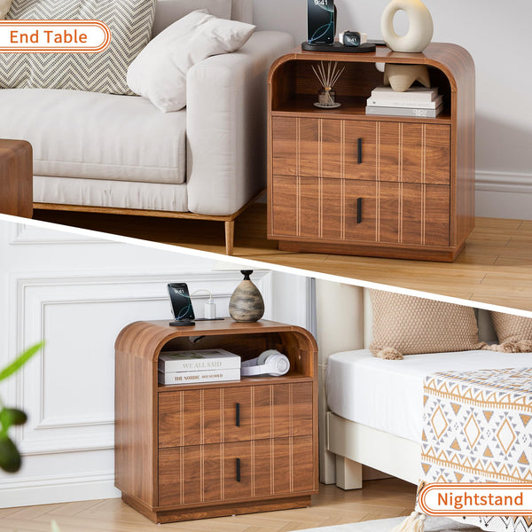 Mid-Century Modern Nightstand with Charging Station & 2 Drawers