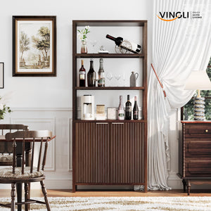 6-Tier Bookcase with Fluted Doors, 71" Wood Storage Cabinet