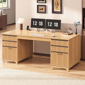 55.1" Fluted Executive Desk with 6 Drawers & Power Outlets