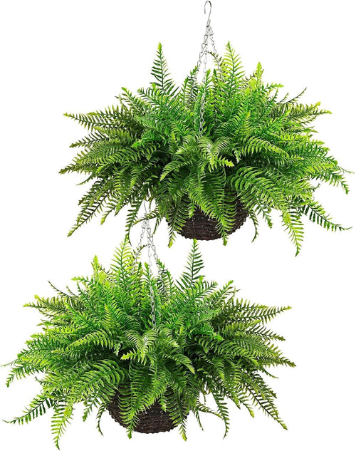 Artificial Hanging Ferns 2 Pack – Large Faux Boston Fern Bushes UV Resistant