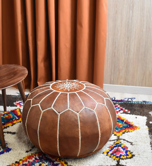 Moroccan Genuine Leather Pouf Ottoman – Cognac Brown