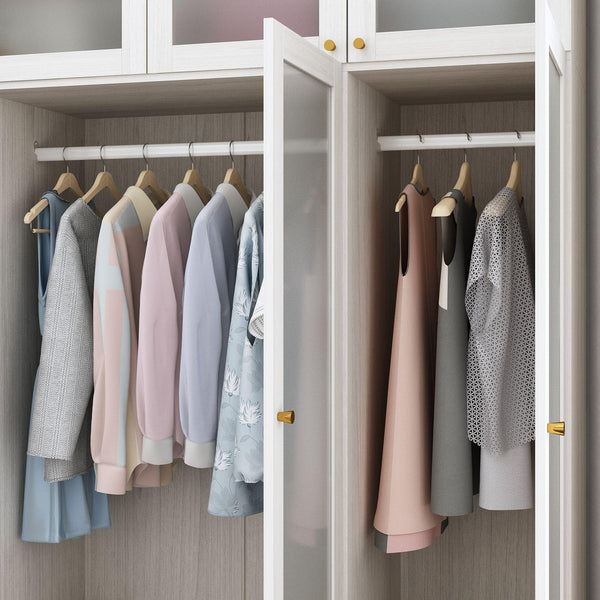 Wide Wardrobe Armoire with Frosted Glass Doors, Hanging Rods & Drawers
