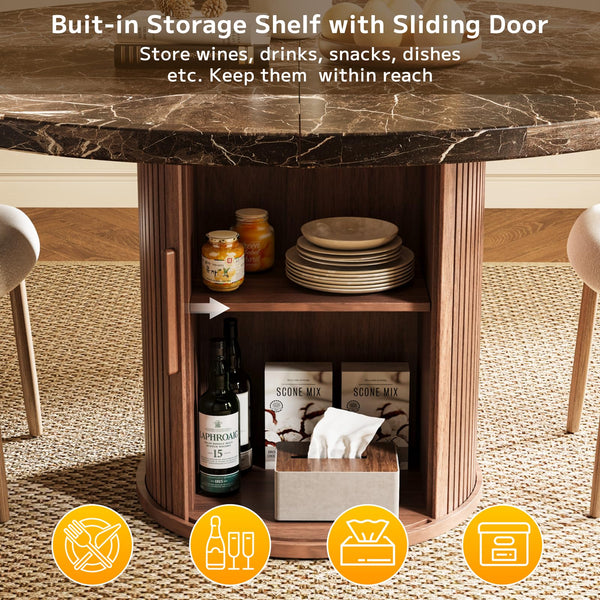 Round Dining Table 47 Inch with Storage Shelf & Marble Top