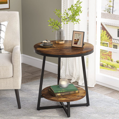 2-Tier Round Industrial End Table with Storage Shelf