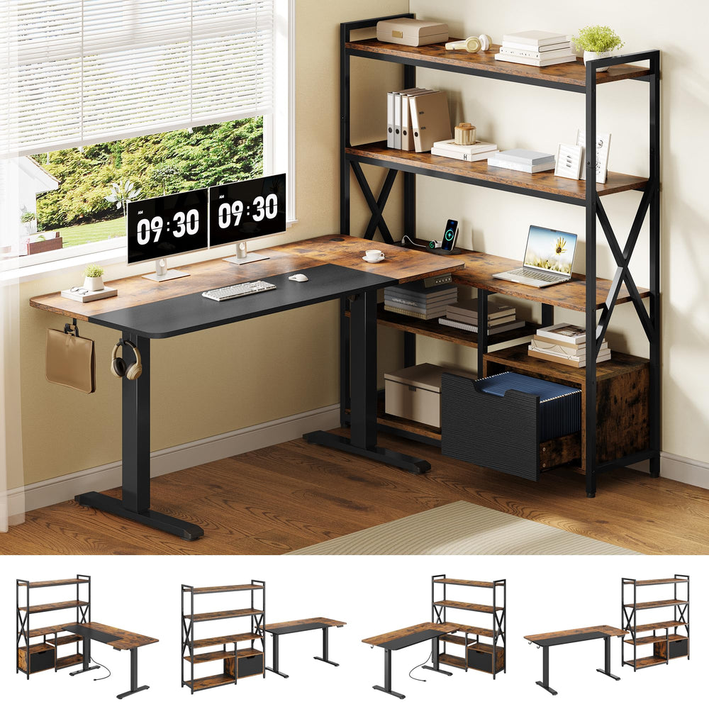 L-Shaped Electric Standing Desk with Hutch & Storage