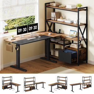 L-Shaped Electric Standing Desk with Hutch & Storage