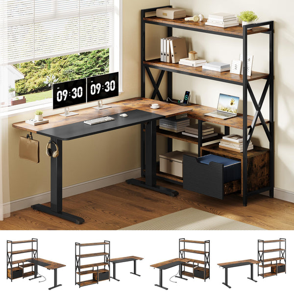 L-Shaped Electric Standing Desk with Hutch & Storage