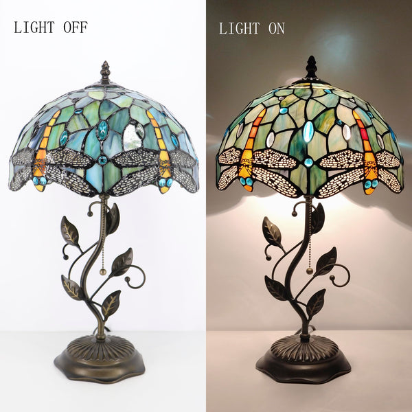 Tiffany Stained Glass Table Lamp with Metal Leaf Base