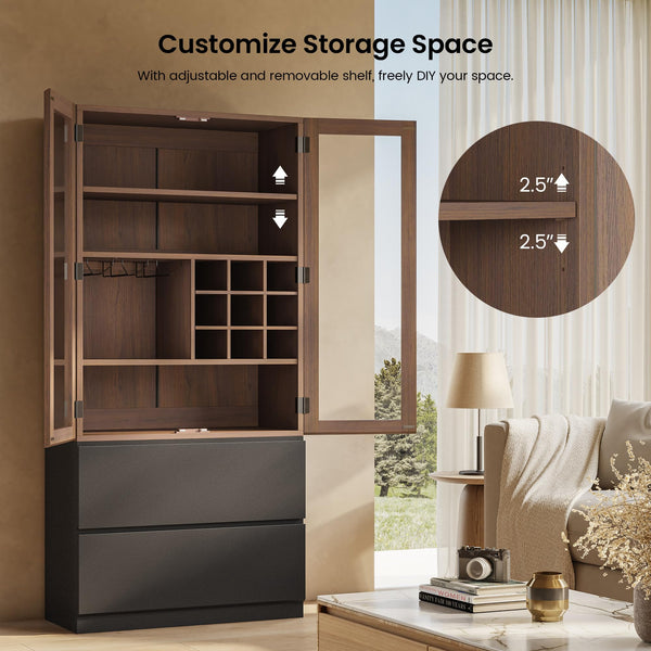 71" Tall Display China Cabinet with RGB LED & Glass Doors – Walnut