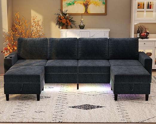 U-Shaped Sectional Sofa with LED Lights, Wireless Charging & Storage Ottomans