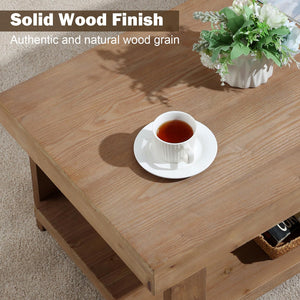 Farmhouse Solid Wood Coffee Table with Storage Shelf