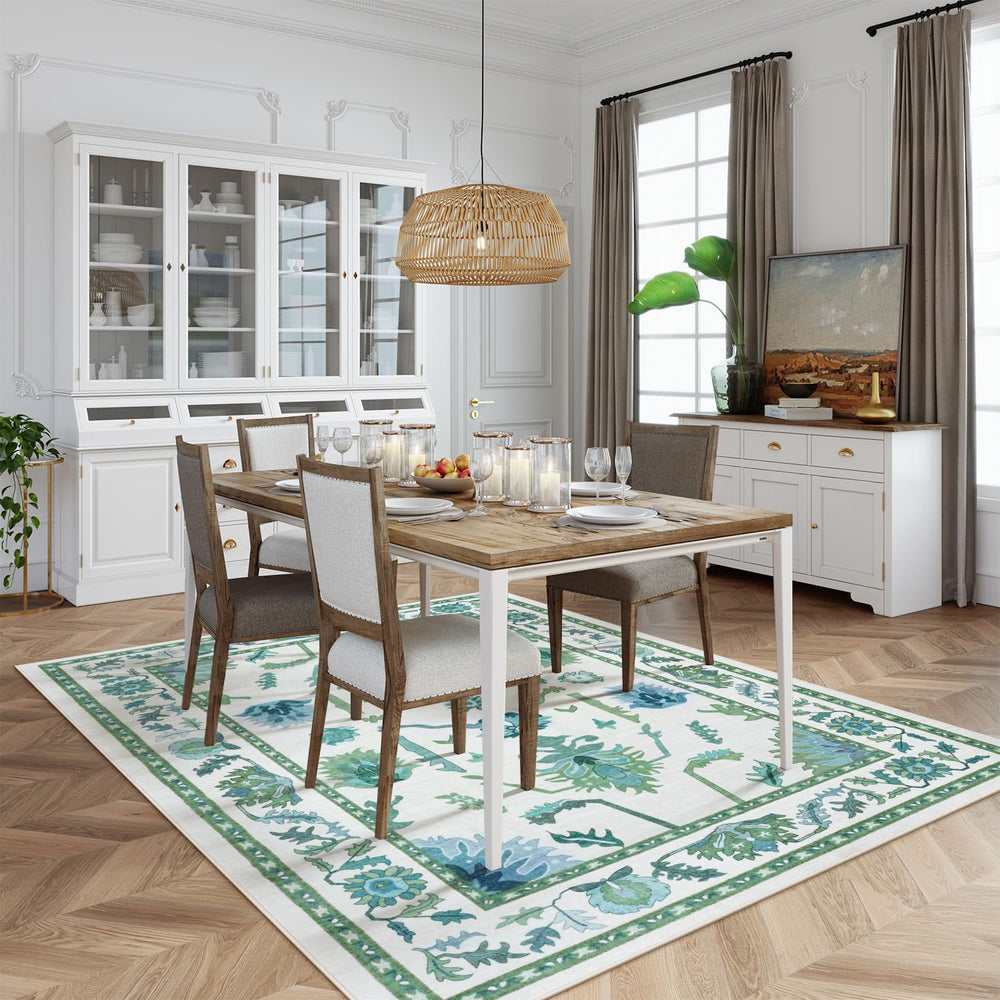 Washable Oushak Area Rug – Floral, Non-Slip, Low Pile