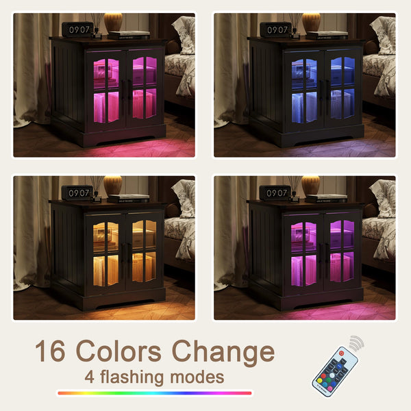 Farmhouse End Table with Charging Station & LED Light