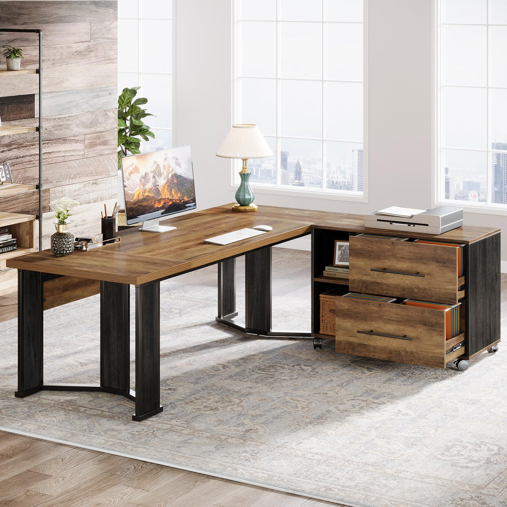 L-Shaped Executive Desk with Mobile File Cabinet and Storage Drawers