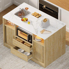 Rolling Kitchen Island with Storage, Power Outlet & LED Light