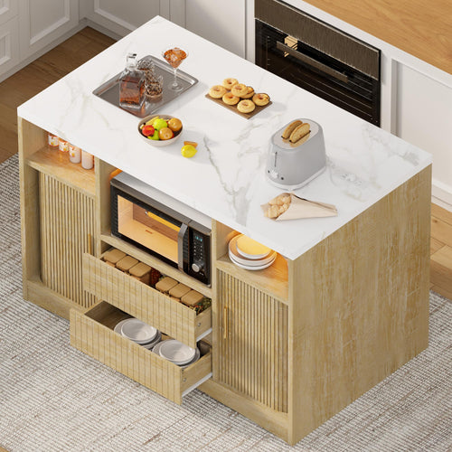 Rolling Kitchen Island with Storage, Power Outlet & LED Light