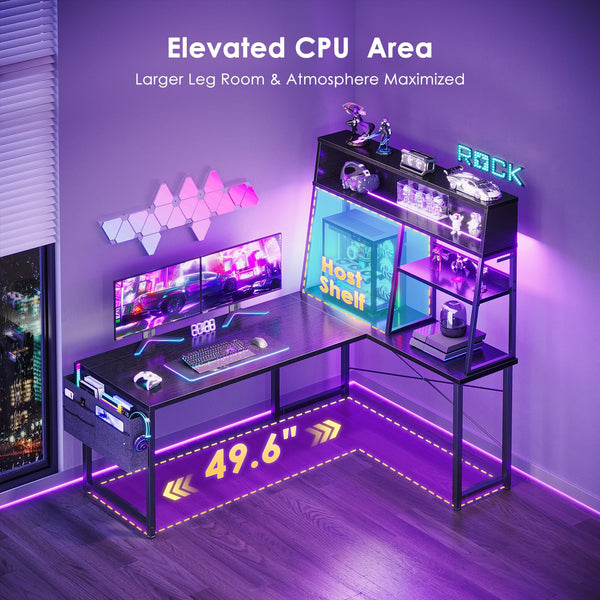 L-Shaped Gaming Desk with LED Lights and Display Shelves