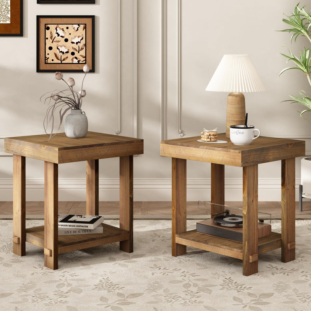 Solid Wood End Table Set of 2 with 2-Tier Storage Shelf