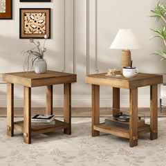 Solid Wood End Table Set of 2 with 2-Tier Storage Shelf