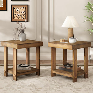 Solid Wood End Table Set of 2 with 2-Tier Storage Shelf
