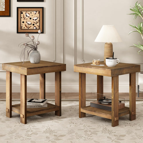 Solid Wood End Table Set of 2 with 2-Tier Storage Shelf