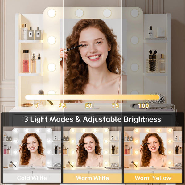 White Vanity Desk with Mirror and Lights