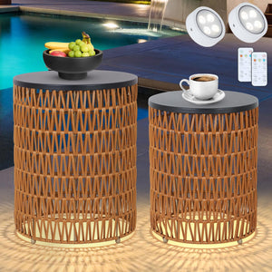 Boho Outdoor Side Table Set of 2 with Dimmable Ambient Light & Remote