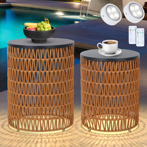 Boho Outdoor Side Table Set of 2 with Dimmable Ambient Light & Remote