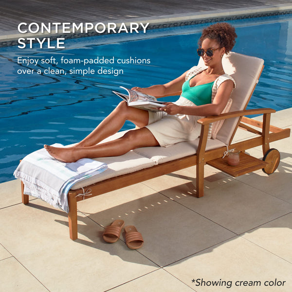 Acacia Wood Outdoor Chaise Lounge Chair with Adjustable Backrest and Side Table