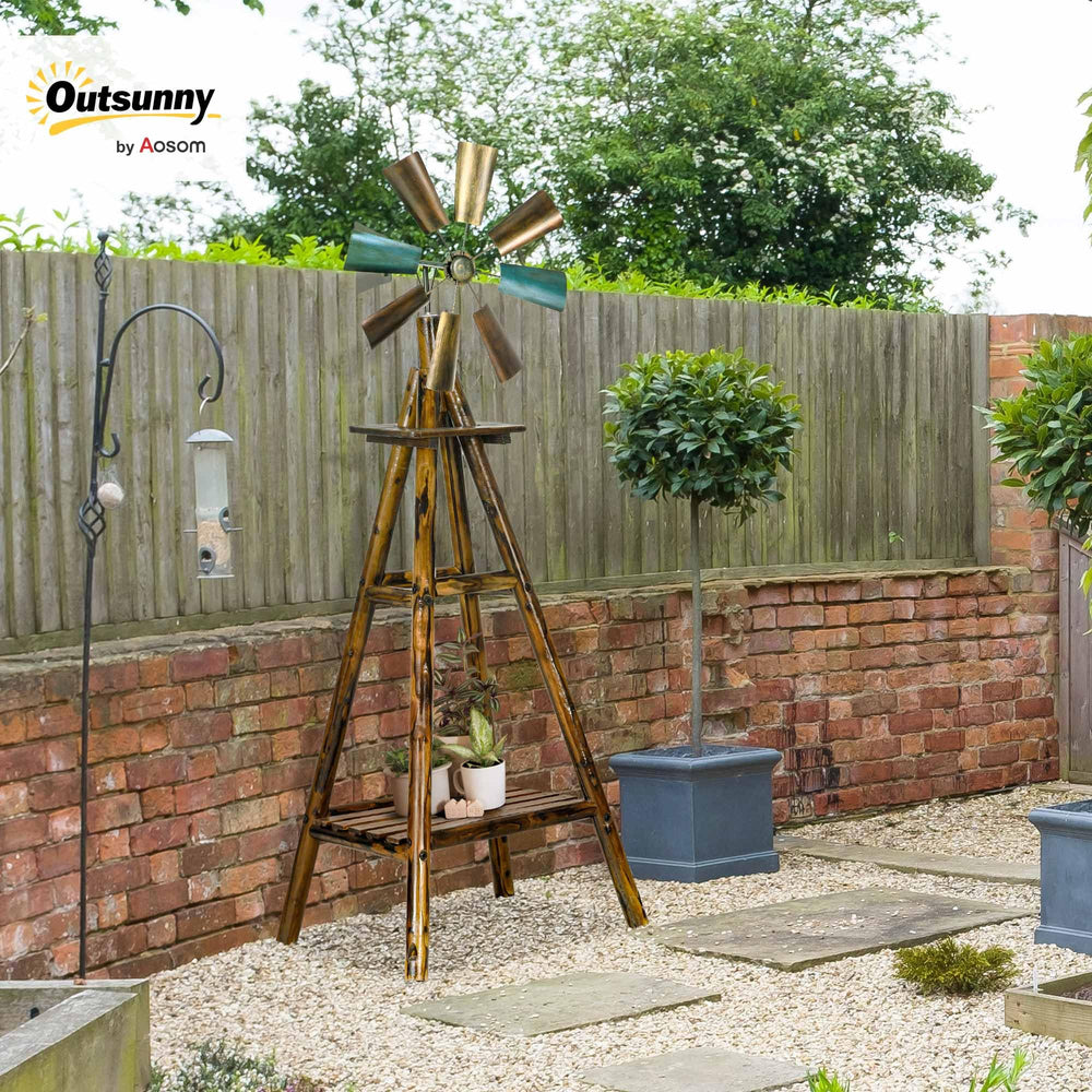 Windmill Weathervane with Bottom Shelf – Rustic Outdoor Fir Wood & Steel