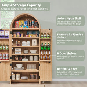 71" Tall Arched Kitchen Pantry Cabinet with Fluted Doors & Adjustable Shelves