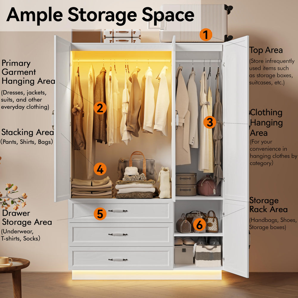 72" 3-Door Wardrobe Armoire with LED Light & Drawers