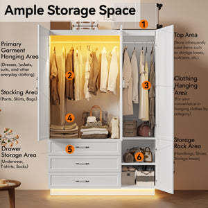 72" 3-Door Wardrobe Armoire with LED Light & Drawers