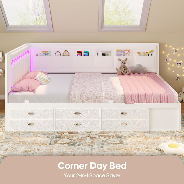 Full Corner Bed Frame with Storage Drawers, RGB Lights & L-Shaped Guardrail