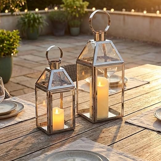Silver Candle Lanterns Set of 3 – Stainless Steel & Tempered Glass