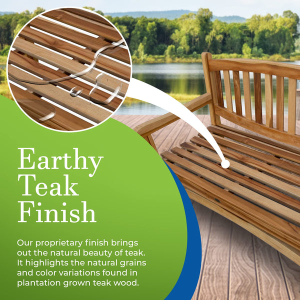 Solid Teak Wood Outdoor Bench with Armrests & Backrest