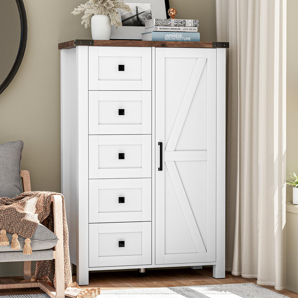 5-Drawer Dresser with Barn Door & Adjustable Shelves