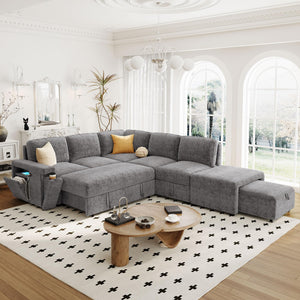 L-Shaped Modular Sectional Sofa with Storage Ottoman, USB Ports & Cup Holder
