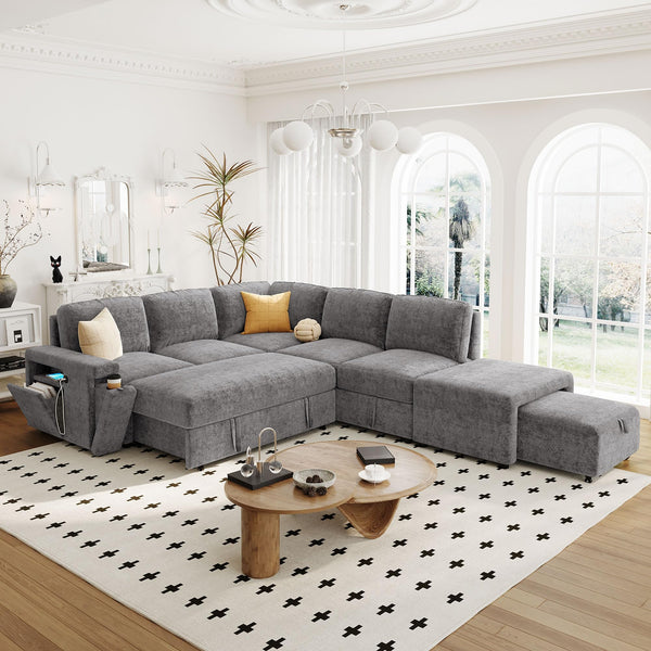 L-Shaped Modular Sectional Sofa with Storage Ottoman, USB Ports & Cup Holder