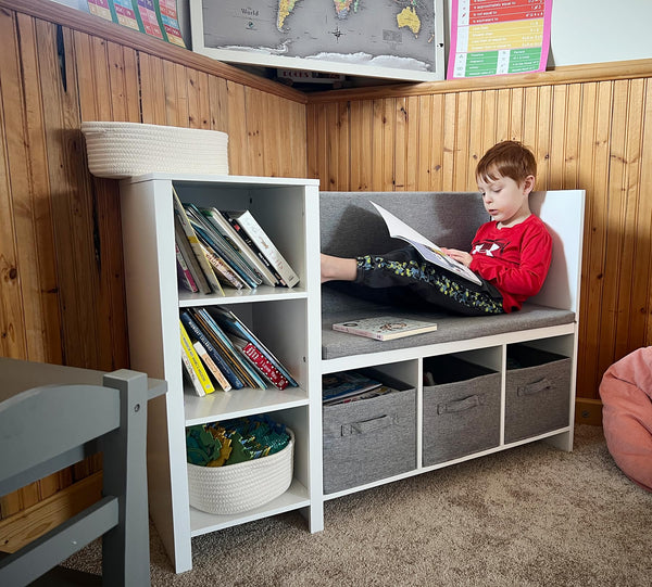 Kids Reading Nook Bench with Bookshelf and Storage Organizer